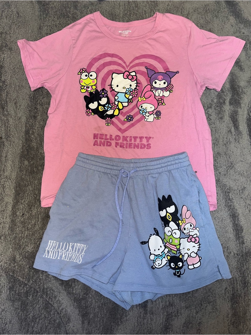 Hello Kitty Pink Graphic Tee and Light Blue Character Shorts matching Set